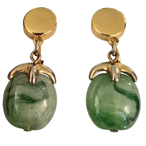 Trifari Jewelry - Trifari Gold Tone Green Marbled Resin Lucite Dangle Clip-On Earrings, Signed L82